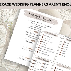 May include: A printable checklist for wedding planning with a beige background and brown text. The checklist includes sections for photography, readings, and the ceremony. The text includes the words "Average Wedding Planners Aren't Enough".