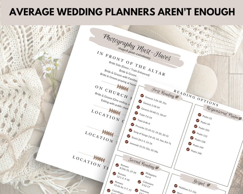May include: A printable checklist for wedding planning with a beige background and brown text. The checklist includes sections for photography, readings, and the ceremony. The text includes the words "Average Wedding Planners Aren't Enough".