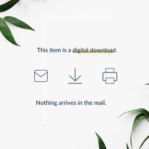 May include: This item is a digital download. Nothing arrives in the post. Illustrated icons of an email, a download arrow, and a printer.