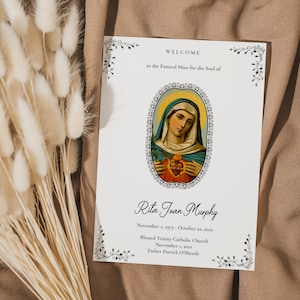 Modelo de programa funerário católico para mulheres Livreto editável PDF Baixar folheto imprimível DIY Cartão de oração fúnebre Missa católica digital