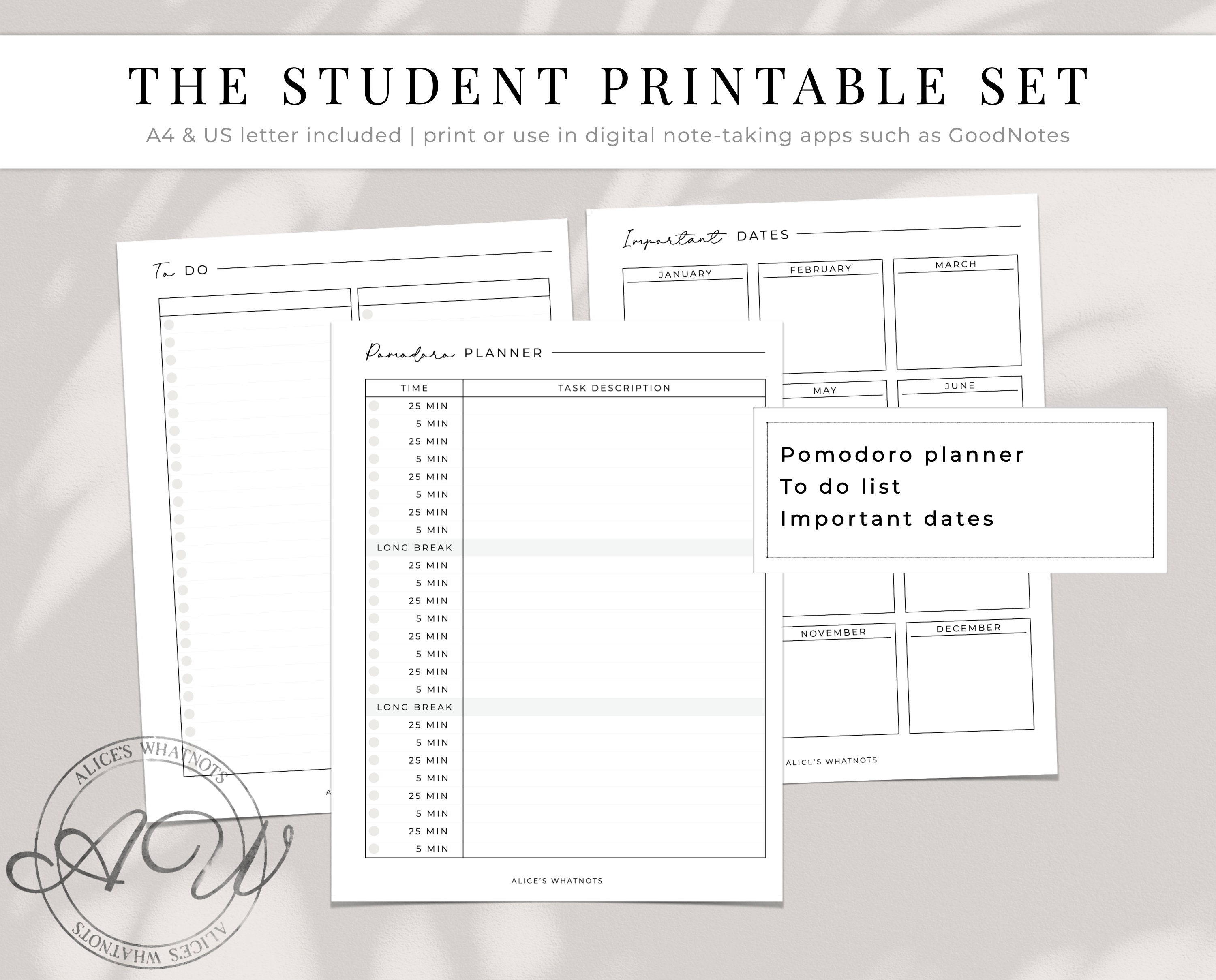 The Student Printable Set Student Printable Planner for Students ...