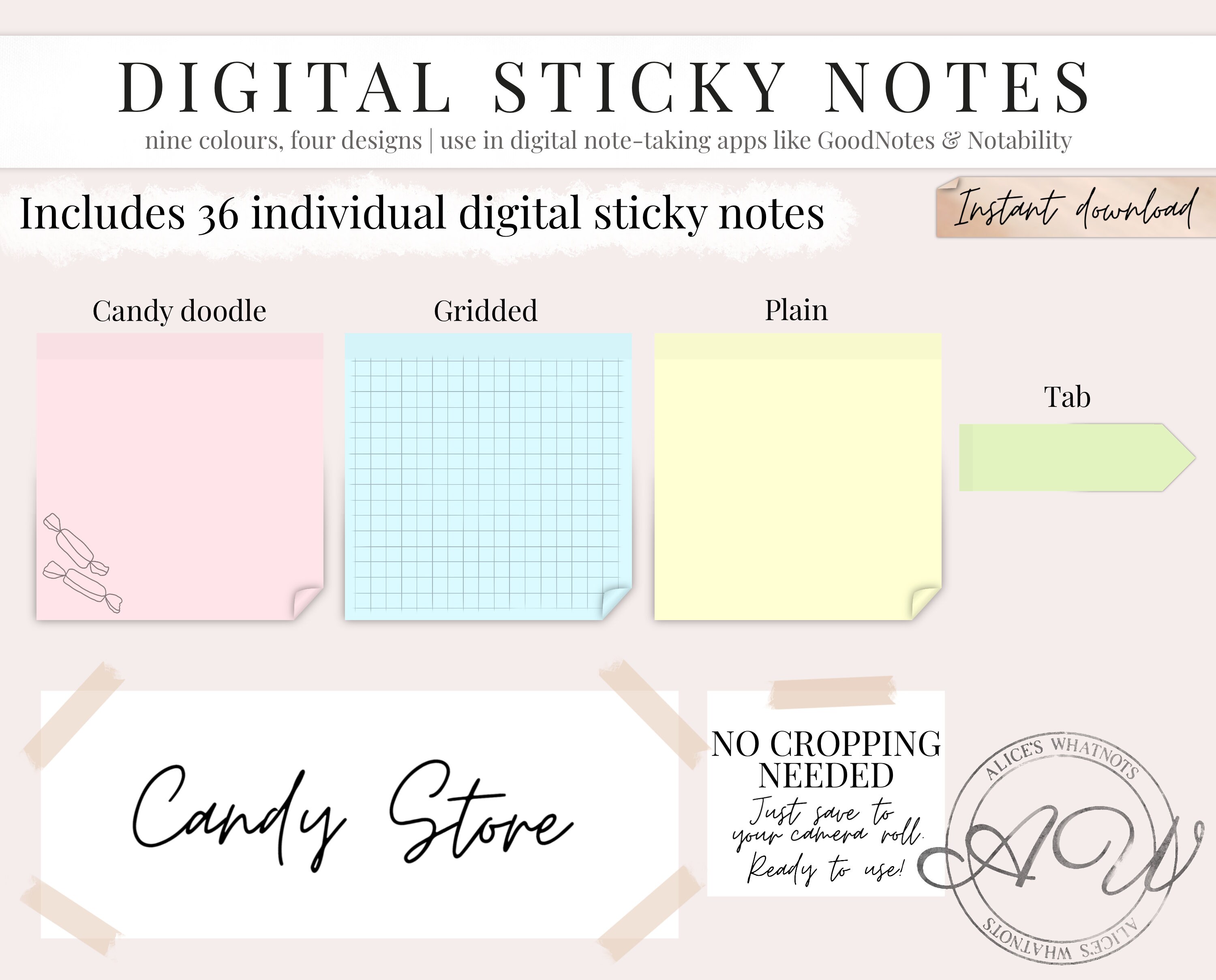 Digital Planner Stickers Instant Download PNG GoodNotes Notability Noteshelf Semi-Transparent Stickies Cotton Candy Set