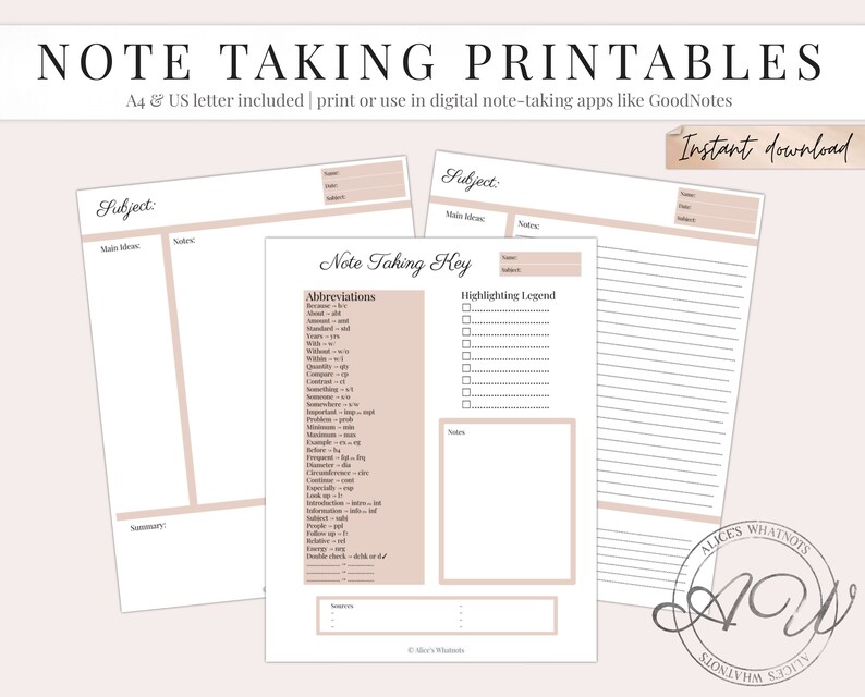Note Taking Printables instant download student printables | Etsy