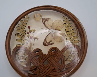 Vtg Boho Hippie Retro Round Lucite Trivet Real Butterfly Dried Floral