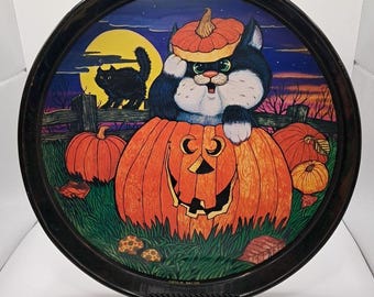 Vintage 80s/90s Halloween Painted Metal Tin Tray Giftco Black Cat Pumpkin 11.5