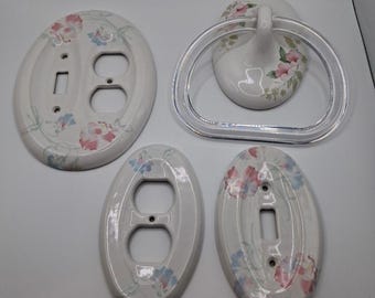 Vintage Lenape Porcelain Bathroom Fixtures Towel Bar Outlet Light Switch Floral