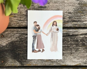 May include: A watercolor painting of a couple holding hands with Jesus, who is holding a baby. A rainbow arches over them. The painting is on a white background.