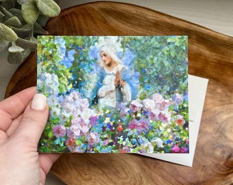 Onze-Lieve-Vrouw onder de bloemen Wenskaarten | Katholieke wenskaarten | Katholieke geschenken | Marian-cadeaus | Katholieke blanco notitiekaarten