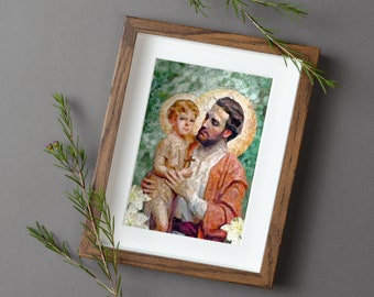 St. Joseph and Jesus Among the Lilies Print | Catholic Art | Catholic Gift | Saint Joseph | Baptism Gift | Catholic Gifts for Men