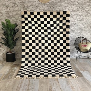 Large black and white checkered rug, Moroccan Berber checkered rug, Checkered area rug -Checkerboard Rug -beniourain rug, Soft Colored Rug