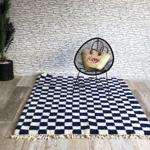 Alfombra a cuadros azul y blanco, alfombra de tablero de ajedrez de colores, alfombra a cuadros personalizada, alfombra de dormitorio, alfombra suave Beni Ourain de sala de estar, alfombra de área