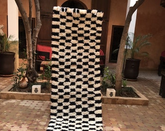 Moroccan Runner, Berber Wool Checkered runner rug! READY TO SHIP ,Size is (29 X 98inches)