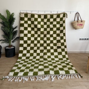 Checkered Beni Ourain Rug, Wool Rug, Green Checkered Rug,Woven Rug, Green Rug,Tribal Area Rug Custom Moroccan Rug, Living Room Decor,