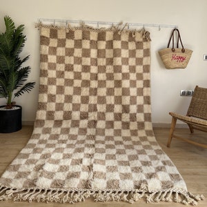 Checkered Beni Ourain Rug, Pale Brown Rug,Tribal Area Rug, Woven Rug, Custom Moroccan Rug, Living Room Decor, Wool Rug, Beige Checkered Rug