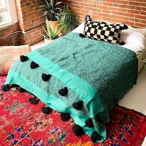 Woven Blanket ,Moroccan blanket, pom blankets bed spread moroccan throw blanket cotton moroccan bedding throw blankets berber moroccan decor