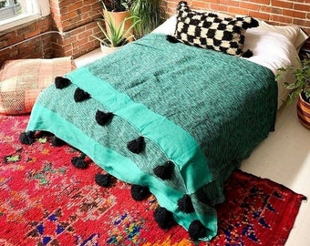 Woven Blanket ,Moroccan blanket, pom blankets bed spread moroccan throw blanket cotton moroccan bedding throw blankets berber moroccan decor