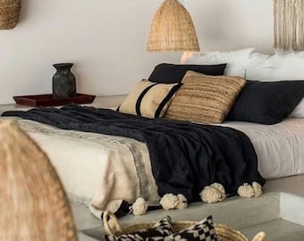 Moroccan Pompom Blanket,Moroccan Blanket,Moroccan Throw Blanket, Pom Poms, Boho Blanket,Bed Cover