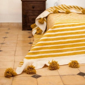 Throw Blanket  Pom Pom, Moroccan Pom Pom Blanket Throw, hand woven by artisans on traditional wooden looms.