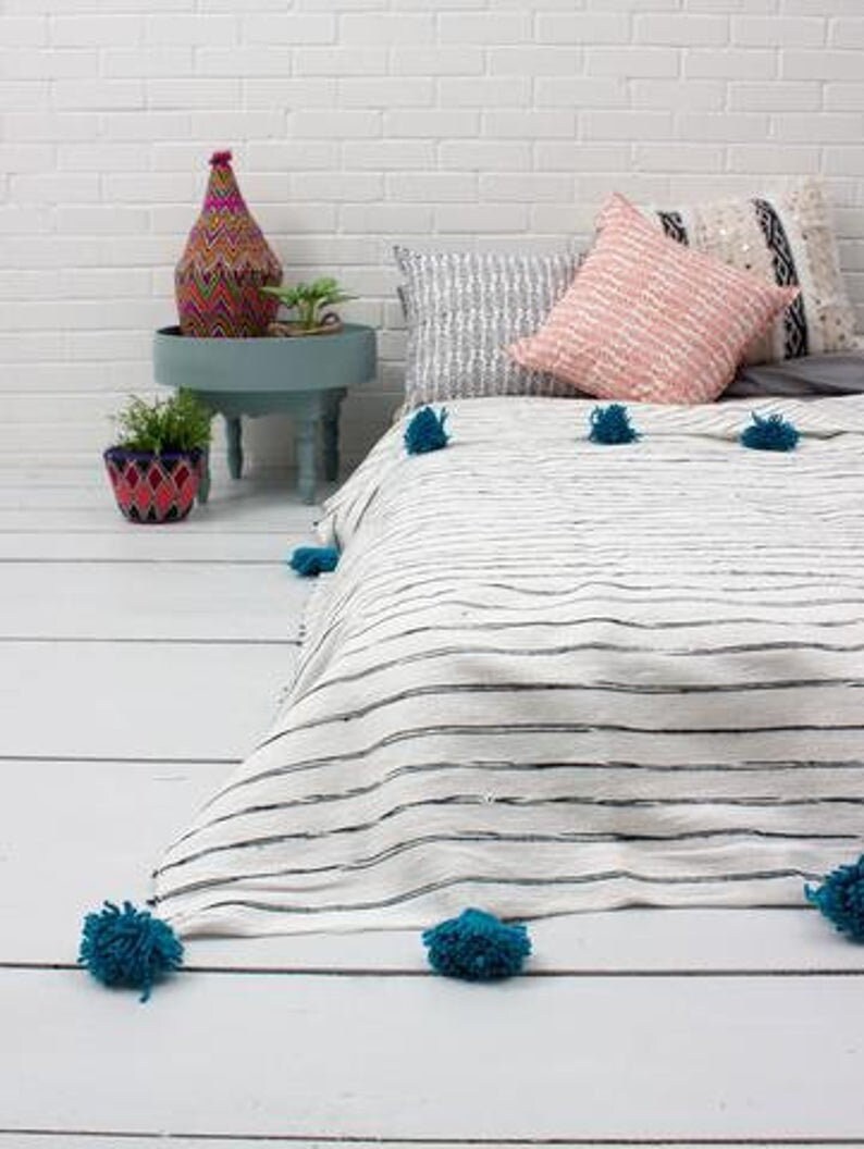 Moroccan Tassel Pompom Bedspread Hand Woven Bed Cover by Etsy