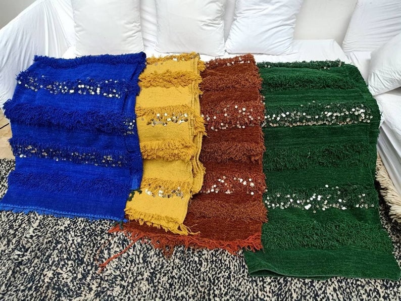 Moroccan Wedding Blanket Handira YELLOW with Metal Sequins,carpet moroccan,berber,bedding blanket, Handmade and High Quality image 3