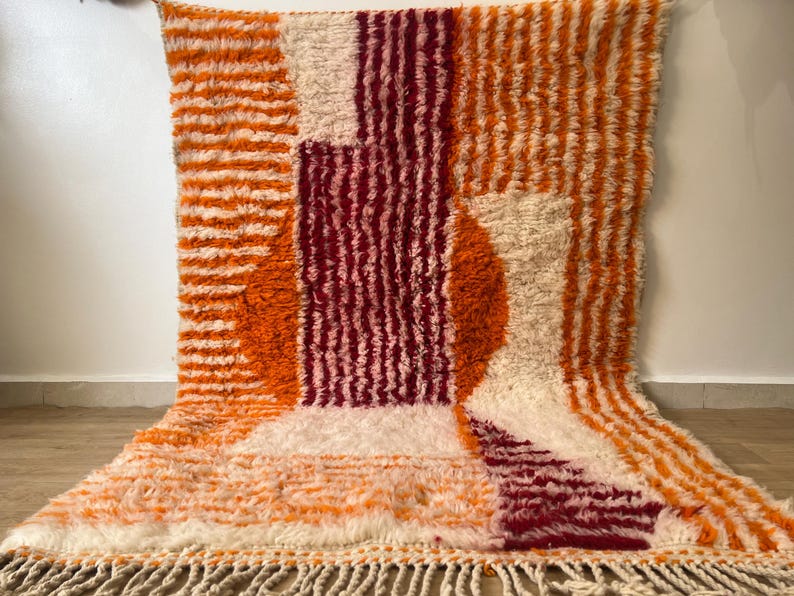 Orange Striped Moroccan rug , Rugs for Living room , Custom handmade rug , Wool Berber rug , Orange Beni ourain rug , Moroccan rug 10x14