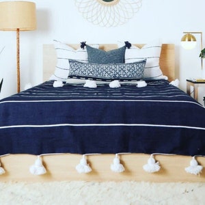 May include: A navy blue bedspread with white horizontal stripes and white tassels. The bed is made with decorative pillows in shades of white and blue. A wooden bed frame and a beige rug complete the scene. A floor lamp and a side table with a plant are also visible.