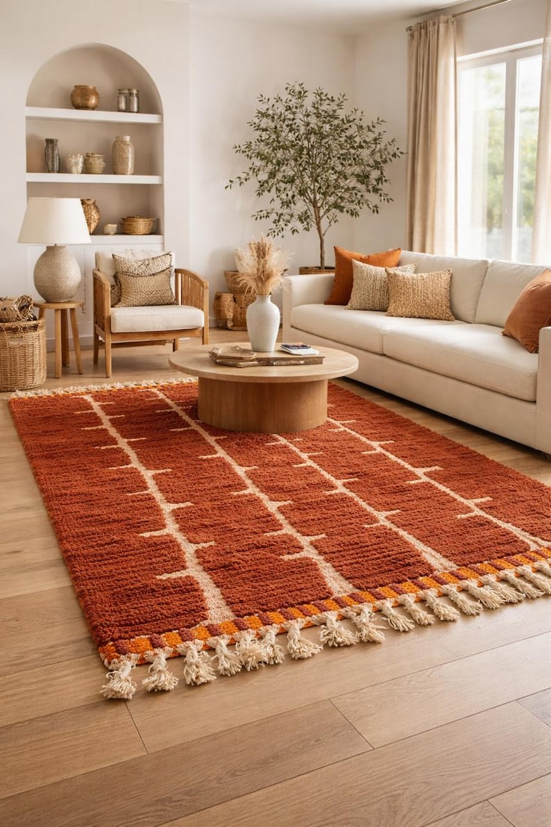 May include: A rectangular rust-colored rug with a geometric pattern of cream-colored lines and tassels along the edge. The rug is placed on a hardwood floor in a living room setting, with a sofa and coffee table.