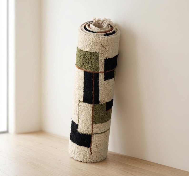 Abstract Block Olive Green Moroccan Rug - Custom Geometric Wool Area ...