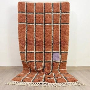 Peut inclure: Un tapis rectangulaire à poils longs et épais de couleur orange brûlé. Le tapis présente un motif à carreaux formé par des lignes gris anthracite et crème. Un carré du motif est d'une couleur violet clair. Le bord inférieur a des franges.