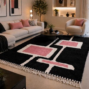 Luxuriöser, handgefertigter marokkanischer Teppich, schwarz-rosa geometrischer Berberwollteppich, flauschig, dick und weich, ideal für Wohn- und Schlafzimmer – Marokkanischer Teppich 8x10 Bild 4