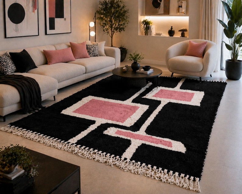 Luxuriöser, handgefertigter marokkanischer Teppich, schwarz-rosa geometrischer Berberwollteppich, flauschig, dick und weich, ideal für Wohn- und Schlafzimmer – Marokkanischer Teppich 8x10 Bild 4