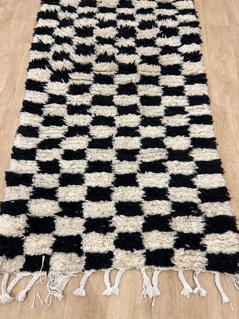 MOROCCAN HALLWAY RUG , Handmade Checkered runner rug , Black and White moroccan rug, Custom Beni ourain rug, Genuine wool rug, runner carpet