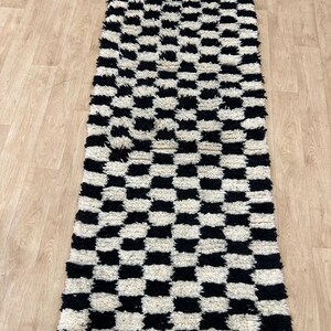 MOROCCAN HALLWAY RUG , Handmade Checkered runner rug , Black and White moroccan rug, Custom Beni ourain rug, Genuine wool rug, runner carpet