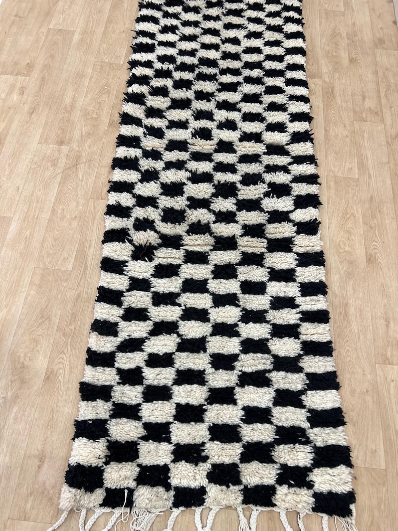 MOROCCAN HALLWAY RUG , Handmade Checkered runner rug , Black and White moroccan rug, Custom Beni ourain rug, Genuine wool rug, runner carpet