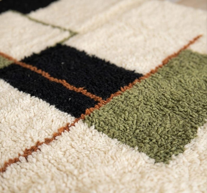 Abstract Block Olive Green Moroccan Rug - Custom Geometric Wool Area ...