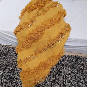 Moroccan Wedding Blanket Handira YELLOW with Metal Sequins,carpet moroccan,berber,bedding blanket, Handmade and High Quality image 2