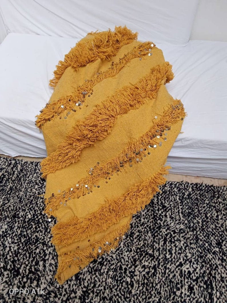 Moroccan Wedding Blanket Handira YELLOW with Metal Sequins,carpet moroccan,berber,bedding blanket, Handmade and High Quality image 2