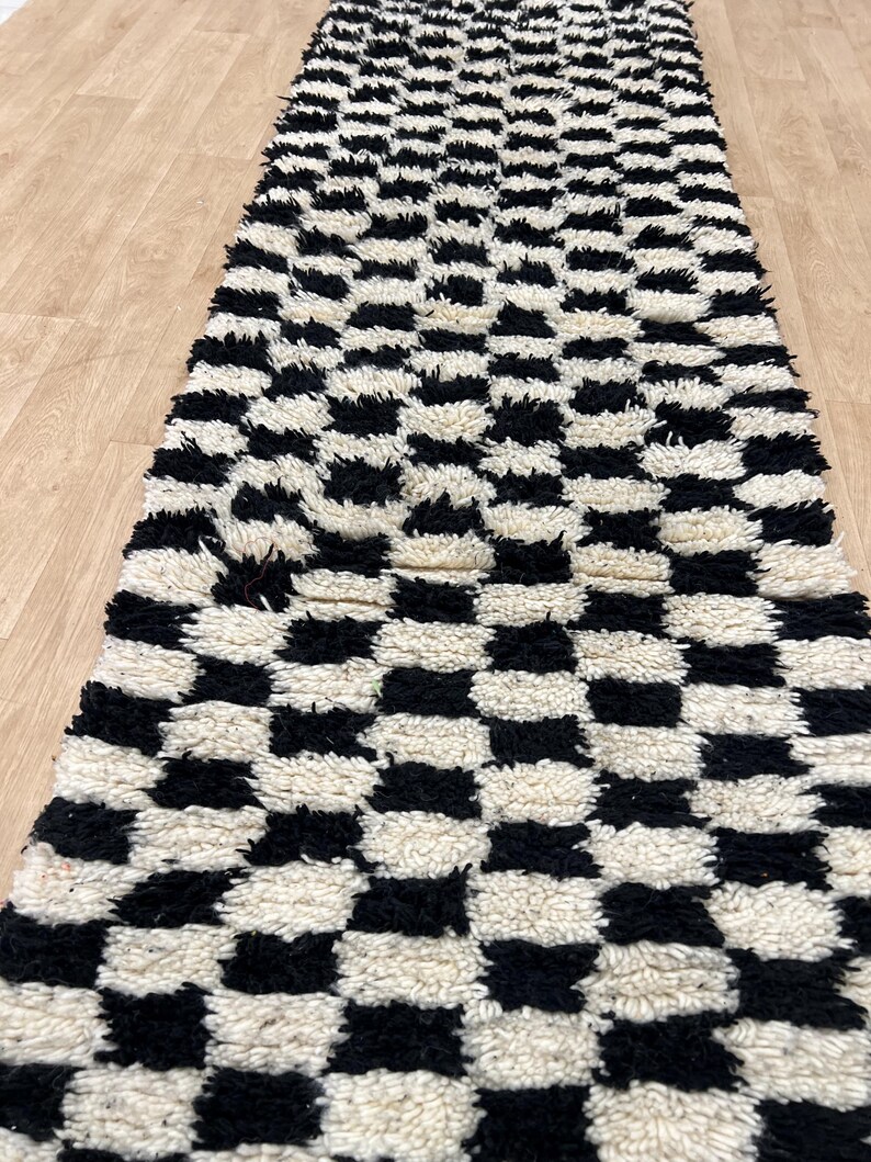 MOROCCAN HALLWAY RUG , Handmade Checkered runner rug , Black and White moroccan rug, Custom Beni ourain rug, Genuine wool rug, runner carpet
