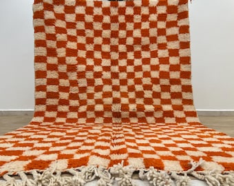 Orange Checkered Moroccan Rug – Handmade Wool Berber Carpet – Custom Beni Ourain Rug – Living Room Area Rug – Modern Boho Decor