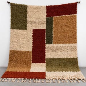 Boho Patchwork Moroccan Rug, Handmade Wool Shag Carpet, Earth Tone Berber Area Rug, Cozy Thick Texture Home Decor, Moroccan Rug 8x10