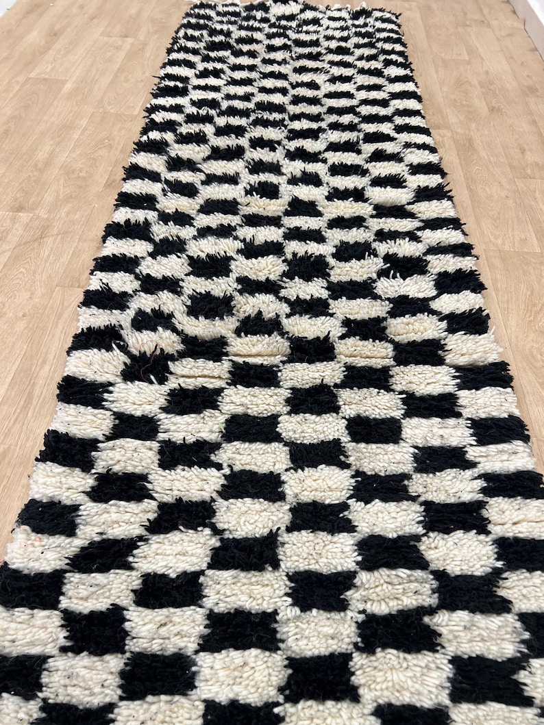MOROCCAN HALLWAY RUG , Handmade Checkered runner rug , Black and White moroccan rug, Custom Beni ourain rug, Genuine wool rug, runner carpet
