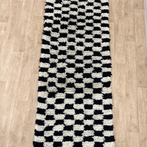 MOROCCAN HALLWAY RUG , Handmade Checkered runner rug , Black and White moroccan rug, Custom Beni ourain rug, Genuine wool rug, runner carpet
