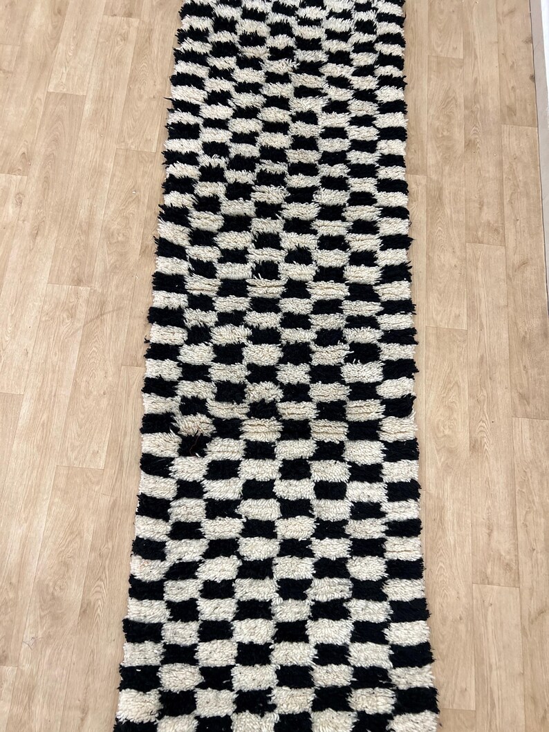 MOROCCAN HALLWAY RUG , Handmade Checkered runner rug , Black and White moroccan rug, Custom Beni ourain rug, Genuine wool rug, runner carpet