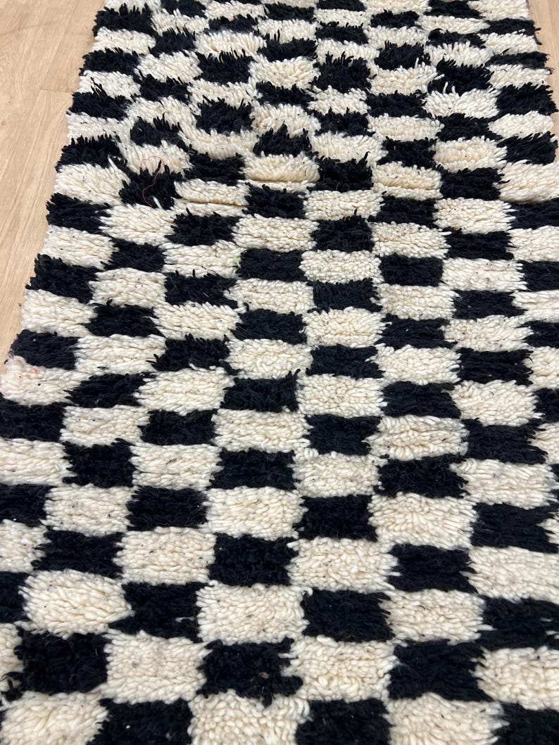 MOROCCAN HALLWAY RUG , Handmade Checkered runner rug , Black and White moroccan rug, Custom Beni ourain rug, Genuine wool rug, runner carpet