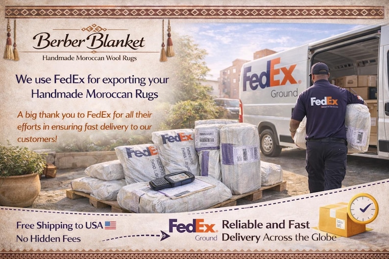 K&ouml;nnte beinhalten: Werbung f&uuml;r handgefertigte marokkanische Wollteppiche von Berber Blanket. Das Bild zeigt einen FedEx-Zusteller mit einem Paket, einen FedEx-LKW und mehrere Pakete versandfertig. Der Text enth&auml;lt "Kostenloser Versand in die USA".