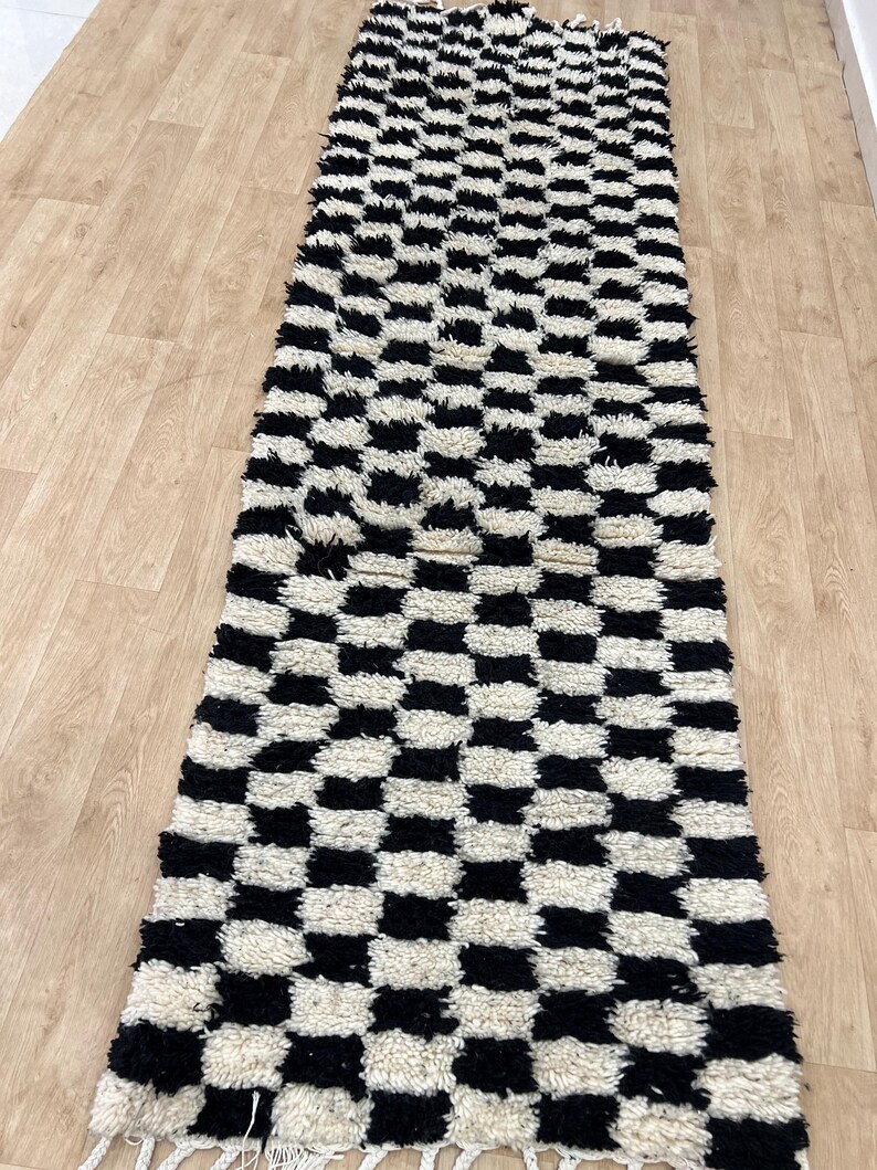 MOROCCAN HALLWAY RUG , Handmade Checkered runner rug , Black and White moroccan rug, Custom Beni ourain rug, Genuine wool rug, runner carpet