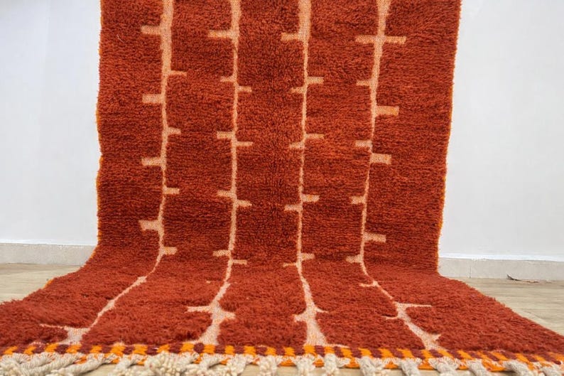 May include: A rust-colored, textured rug with a geometric pattern of vertical lines and cross-like shapes in a lighter shade. The rug has a fringe along the bottom edge. The rug is made of a thick, plush material.