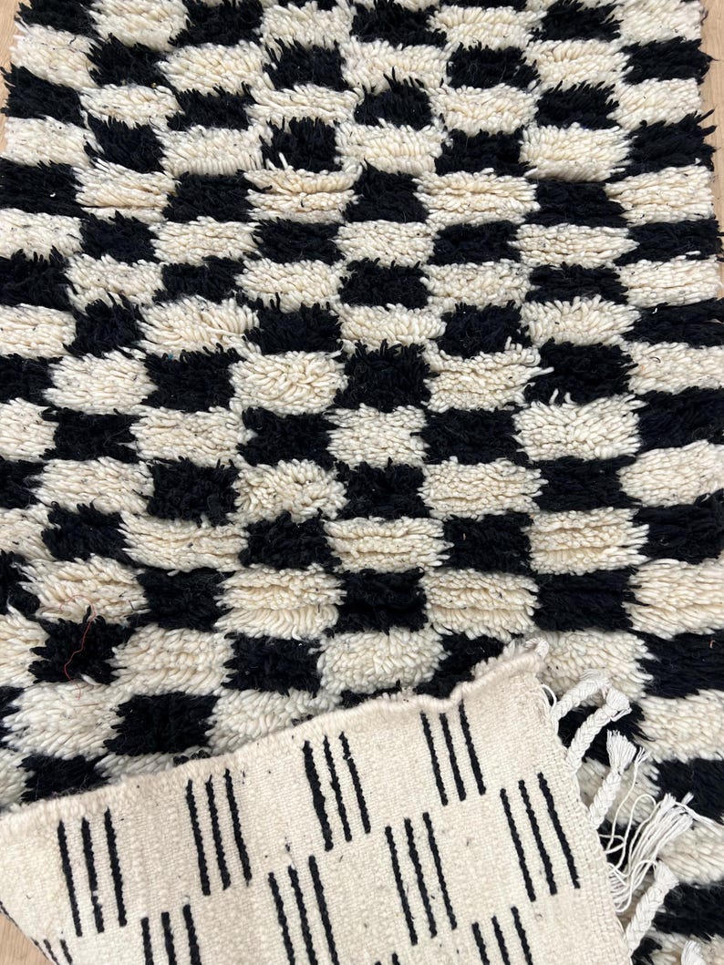MOROCCAN HALLWAY RUG , Handmade Checkered runner rug , Black and White moroccan rug, Custom Beni ourain rug, Genuine wool rug, runner carpet