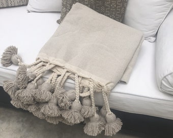 Pom pom moroccan blanket , Beige morocco woven throw blanket , Soft Cozy blanket , Customized colors , custom size and free shipping