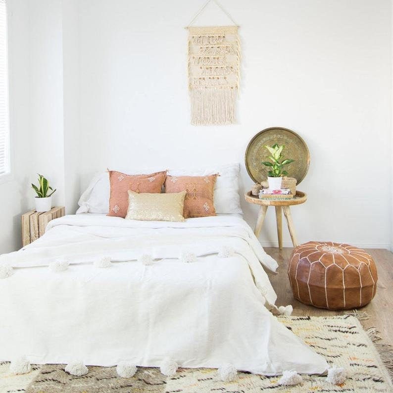 Berber Comforter /& Quilt. Bohemian Throw Handwoven Wool on a Wooden Loom Solid Yellow Bed Sheet Moroccan Yellow Pompom Blanket Throw